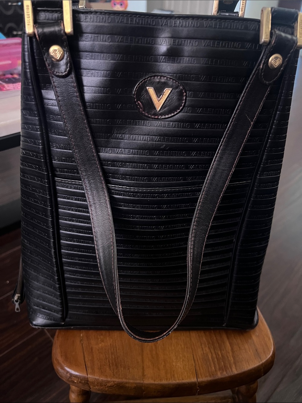 Valentino Black Tote with Gold V Emblem